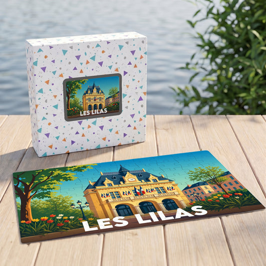 Puzzle souvenir de la ville de Les Lilas avec une illustration stylisée d'un bâtiment emblématique.