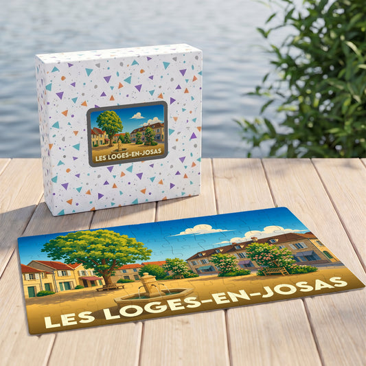 Puzzle souvenir de la ville de Les Loges-en-Josas avec une illustration stylisée de sa place centrale.