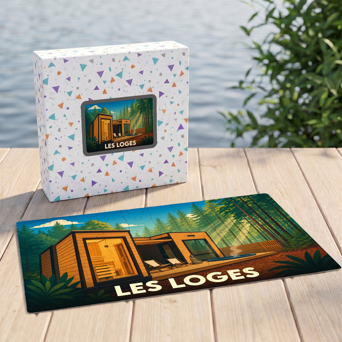 Puzzle souvenir de la ville de Les Loges avec une illustration stylisée d'un hébergement en forêt.