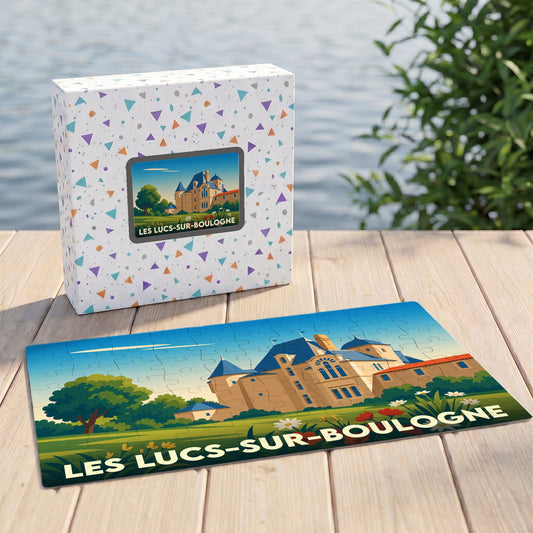 Puzzle souvenir de la ville de Les Lucs-sur-Boulogne avec une illustration colorée de son château.