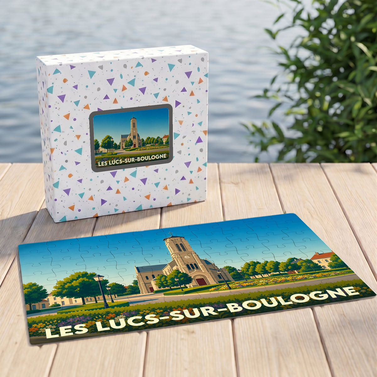 Puzzle souvenir de la ville de Les Lucs-sur-Boulogne avec une illustration stylisée de son église.