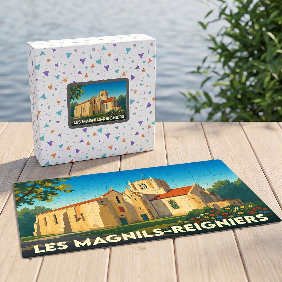 Puzzle souvenir de la commune des Magnils-Reigniers avec une illustration stylisée de son église.