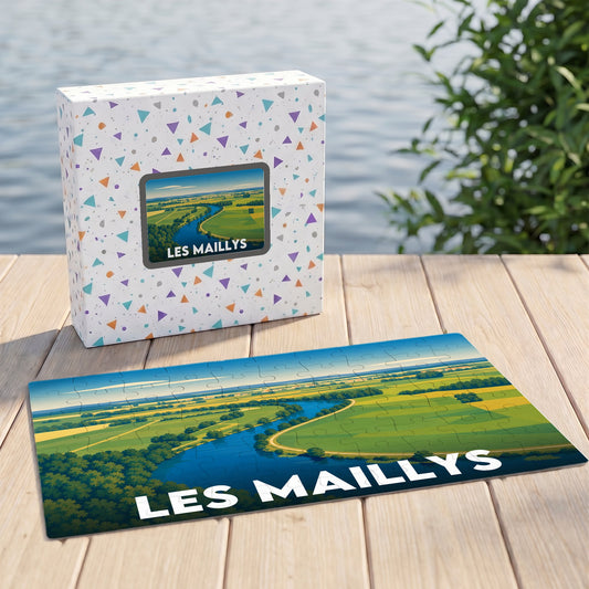 Puzzle souvenir de la ville de Les Maillys avec une illustration paysagère stylisée.