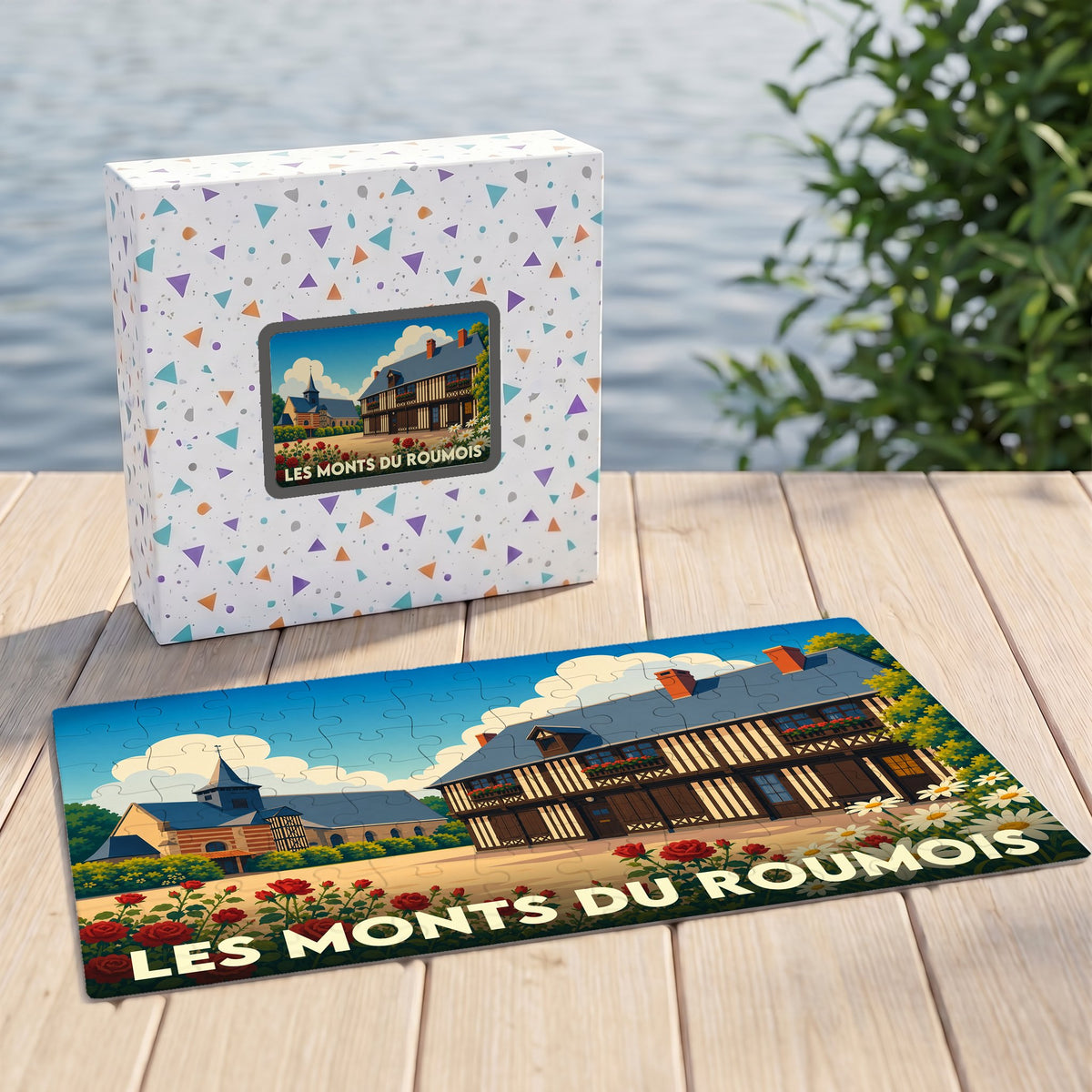 Puzzle souvenir de la ville de Les Monts du Roumois avec une illustration stylisée d'un paysage normand.