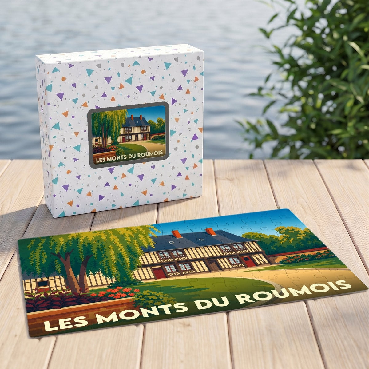 Puzzle souvenir de la ville de Les Monts du Roumois avec une illustration stylisée d'une maison à colombages.