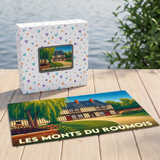 Puzzle souvenir de la ville de Les Monts du Roumois avec une illustration stylisée d'une maison à colombages.