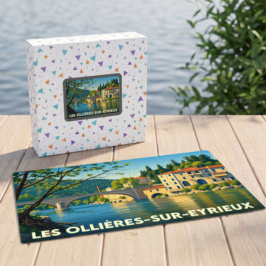 Puzzle souvenir de la ville de Les Ollières-sur-Eyrieux avec une illustration stylisée de son pont et de ses maisons au bord de l'eau.