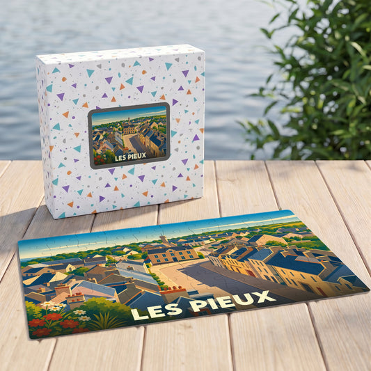 Puzzle souvenir de la ville de Les Pieux avec une illustration stylisée.
