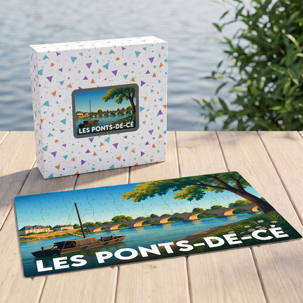 Puzzle souvenir de la ville de Les Ponts-de-Cé avec une illustration stylisée d'un bateau sur la Loire.