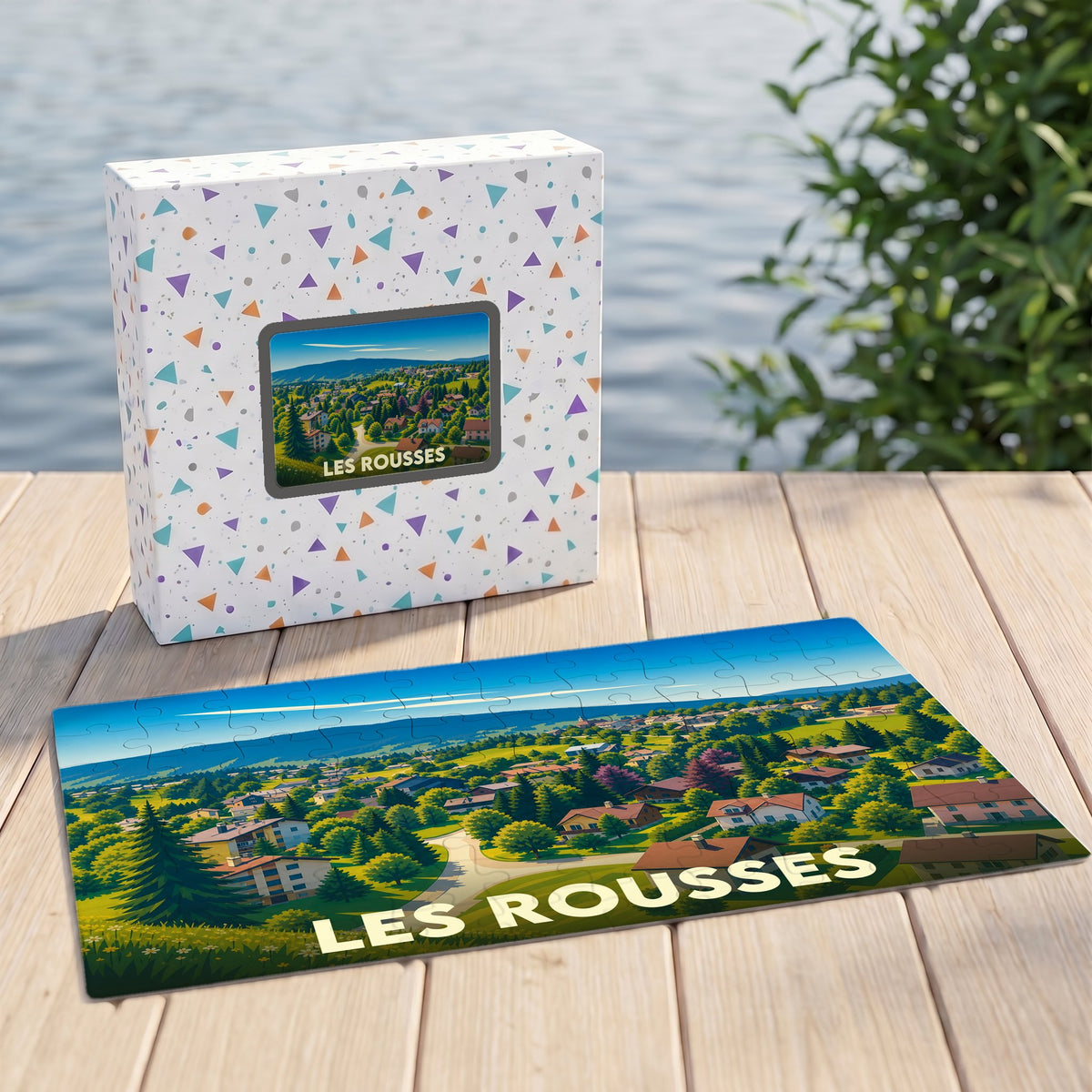 Puzzle souvenir de la ville des Rousses avec une illustration paysagère stylisée.