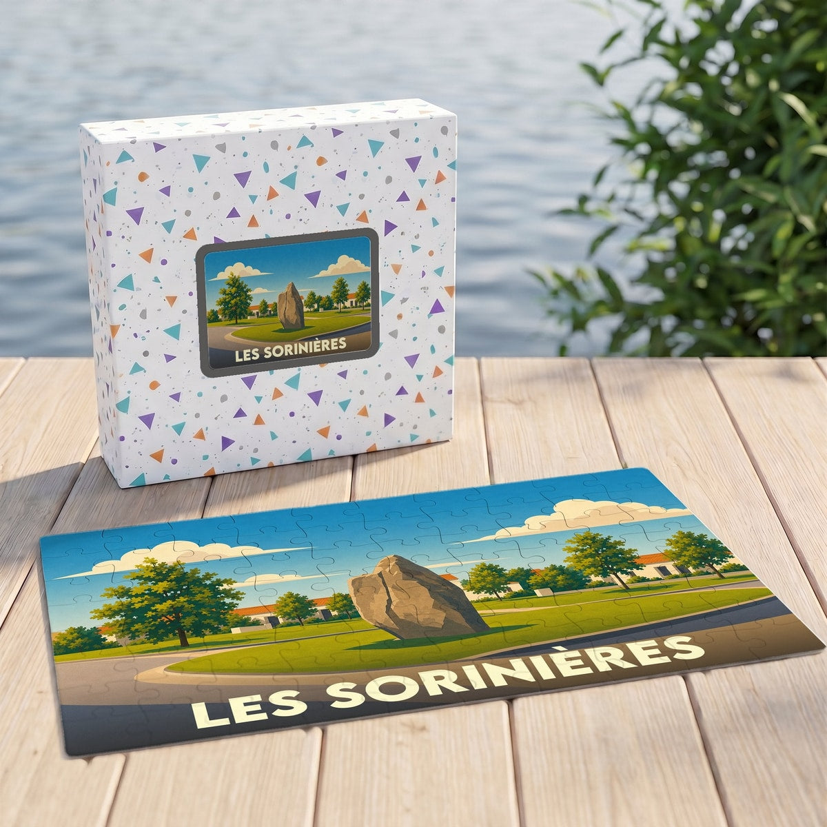 Puzzle souvenir de la ville de Les Sorinières présentant une illustration stylisée d'un menhir dans un parc verdoyant.