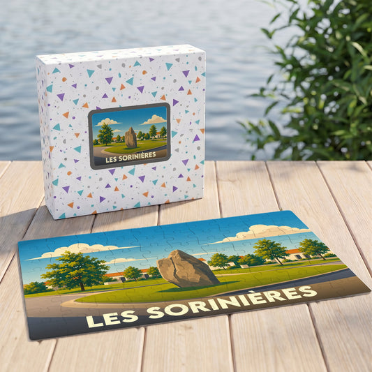 Puzzle souvenir de la ville de Les Sorinières présentant une illustration stylisée d'un menhir dans un parc verdoyant.