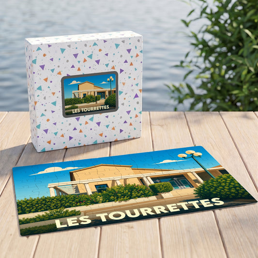 Puzzle souvenir de la ville de Les Tourrettes avec une illustration stylisée.