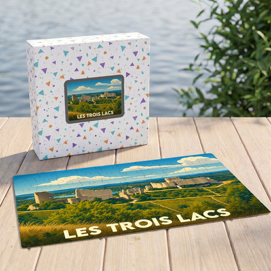Puzzle souvenir de la ville de Les Trois Lacs avec une illustration stylisée d'un paysage historique.