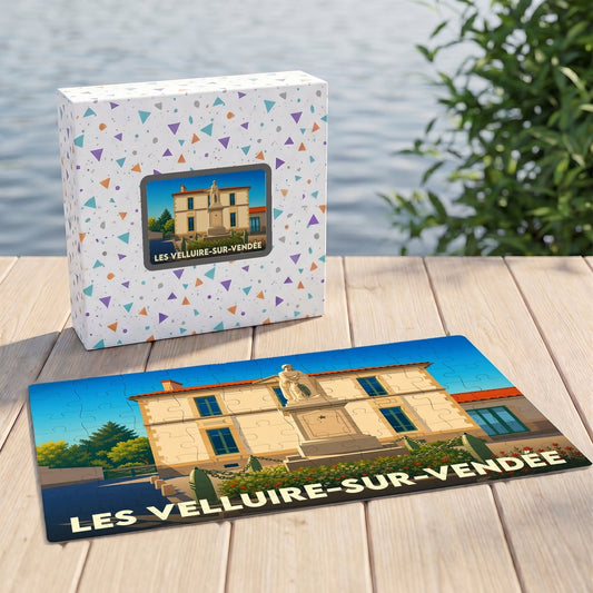 Puzzle souvenir de la ville de Les Velluire-sur-Vendée avec une illustration stylisée d'un monument historique.
