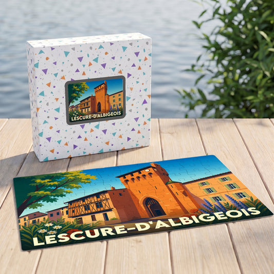 Puzzle souvenir de la ville de Lescure-d'Albigeois avec une illustration stylisée de ses bâtiments historiques.
