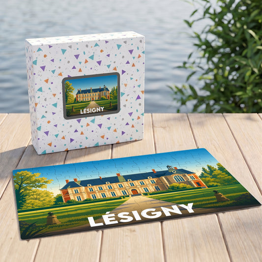 Puzzle souvenir de la ville de Lésigny avec une illustration stylisée d'un château.