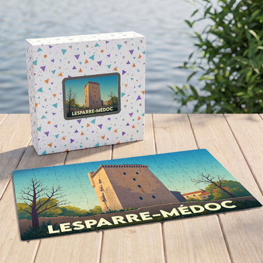 Puzzle souvenir de la ville de Lesparre-Médoc avec une illustration stylisée de sa tour historique.