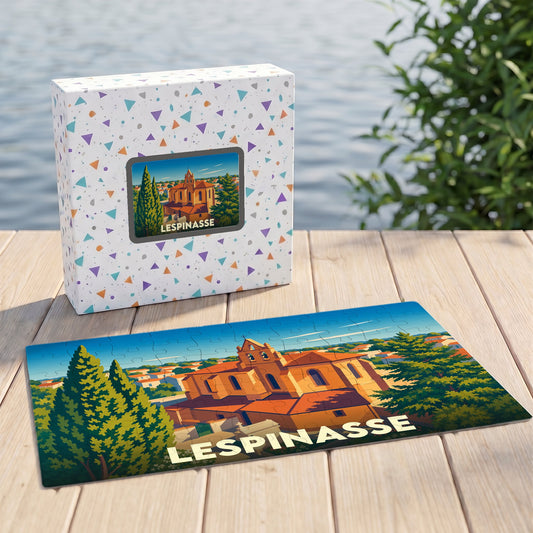 Puzzle souvenir de la ville de Lespinasse avec une illustration stylisée d'un bâtiment historique.