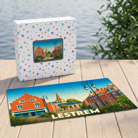 Puzzle souvenir de la ville de Lestrem avec une illustration colorée et stylisée de son architecture.