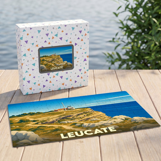 Puzzle souvenir de la ville de Leucate avec une illustration stylisée de son phare et de ses falaises.
