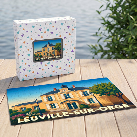 Puzzle souvenir de la ville de Leuville-sur-Orge avec une illustration stylisée de son hôtel de ville.