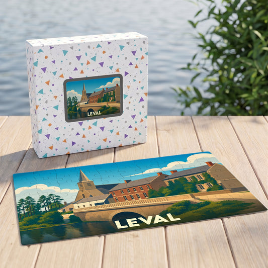 Puzzle souvenir de la ville de Leval avec une illustration stylisée de son paysage urbain et de sa rivière.