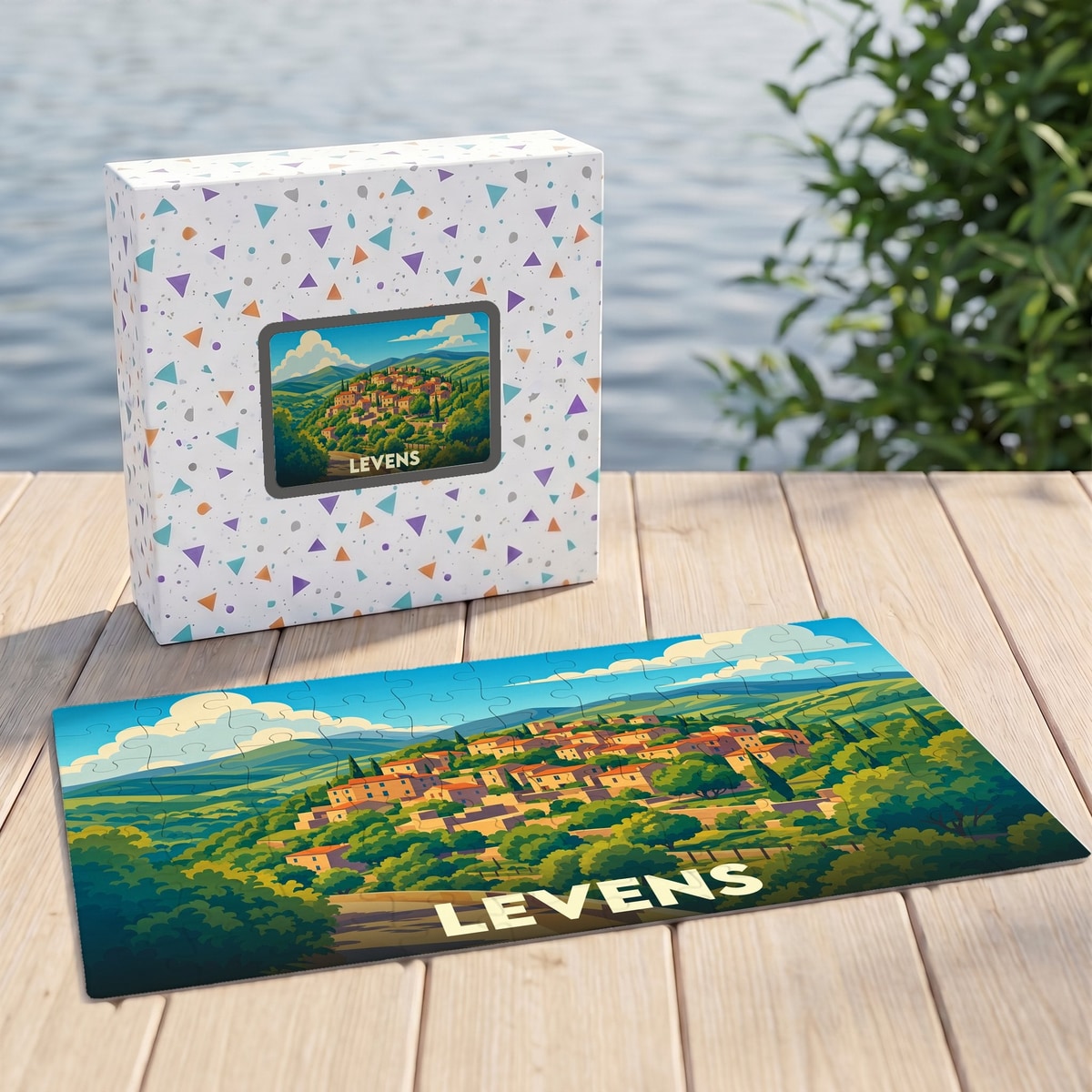 Puzzle souvenir de la ville de Levens avec une illustration paysagère stylisée.