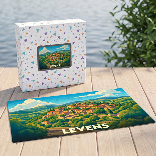 Puzzle souvenir de la ville de Levens avec une illustration paysagère stylisée.
