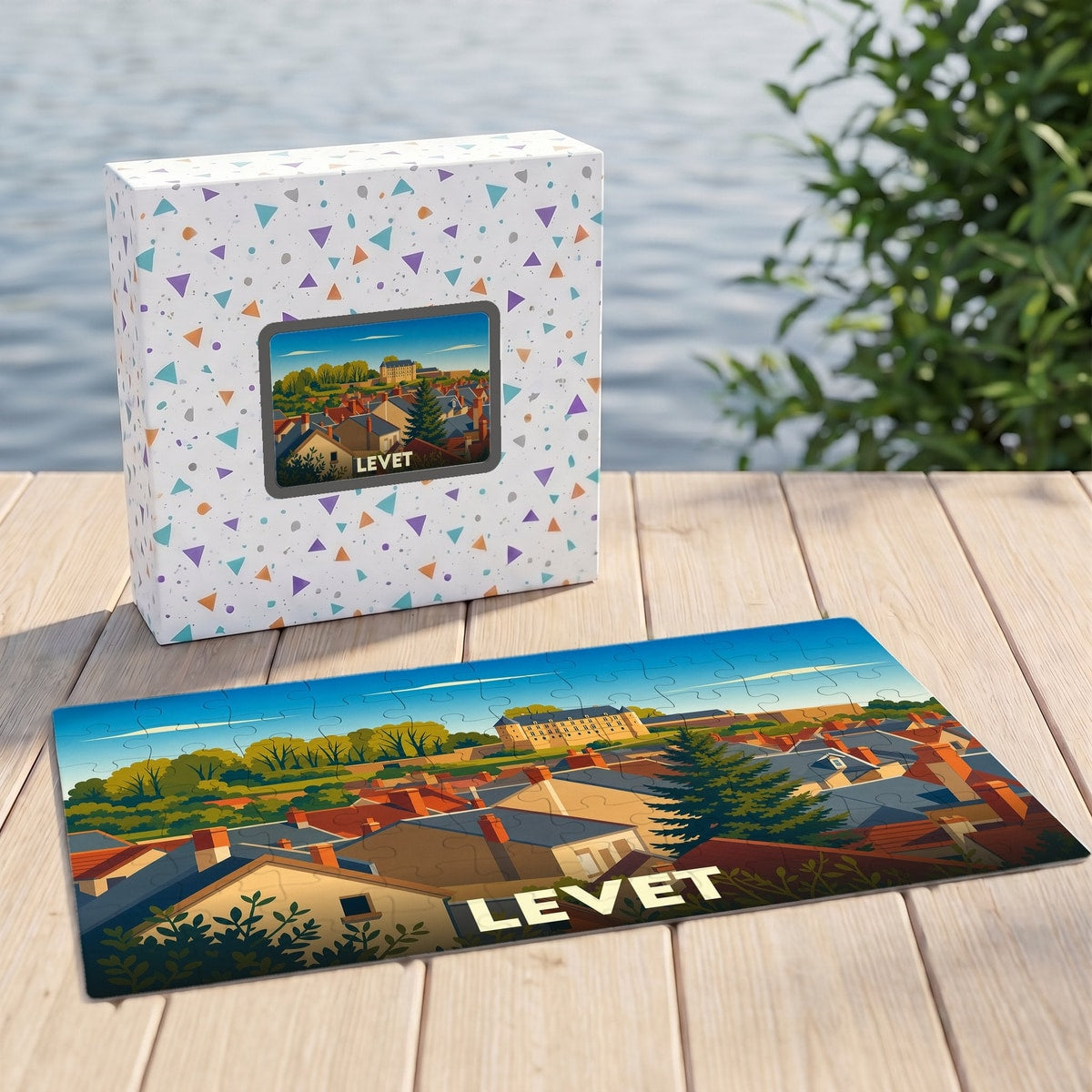 Puzzle souvenir de la ville de Levet avec une illustration stylisée d'un paysage urbain.