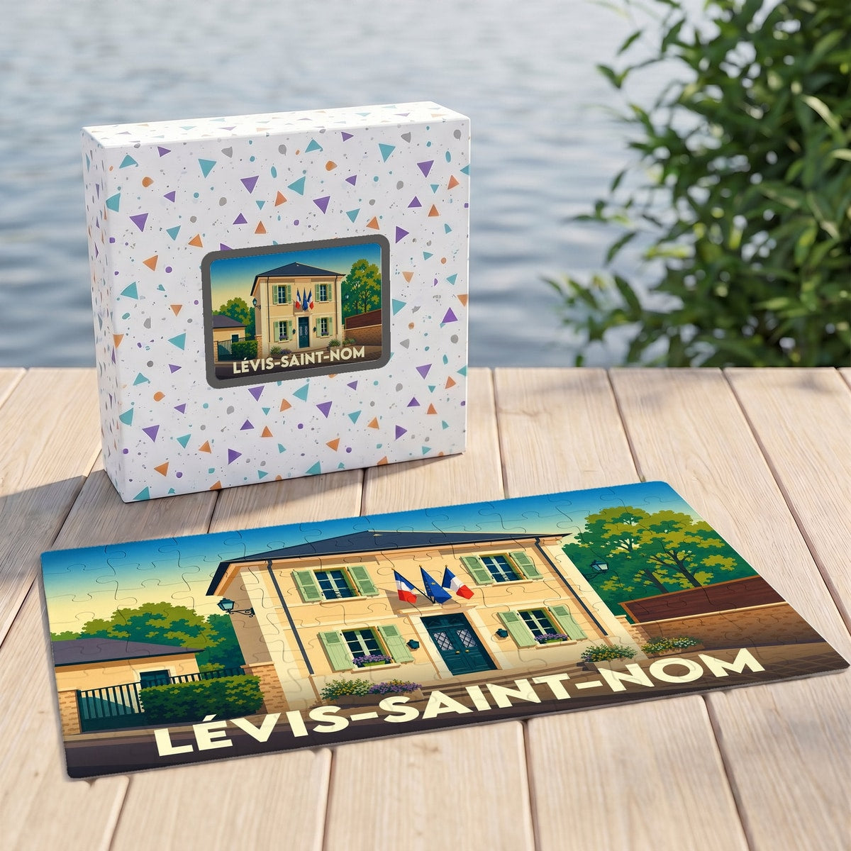 Puzzle souvenir de la ville de Lévis-Saint-Nom avec une illustration stylisée et colorée de sa mairie.