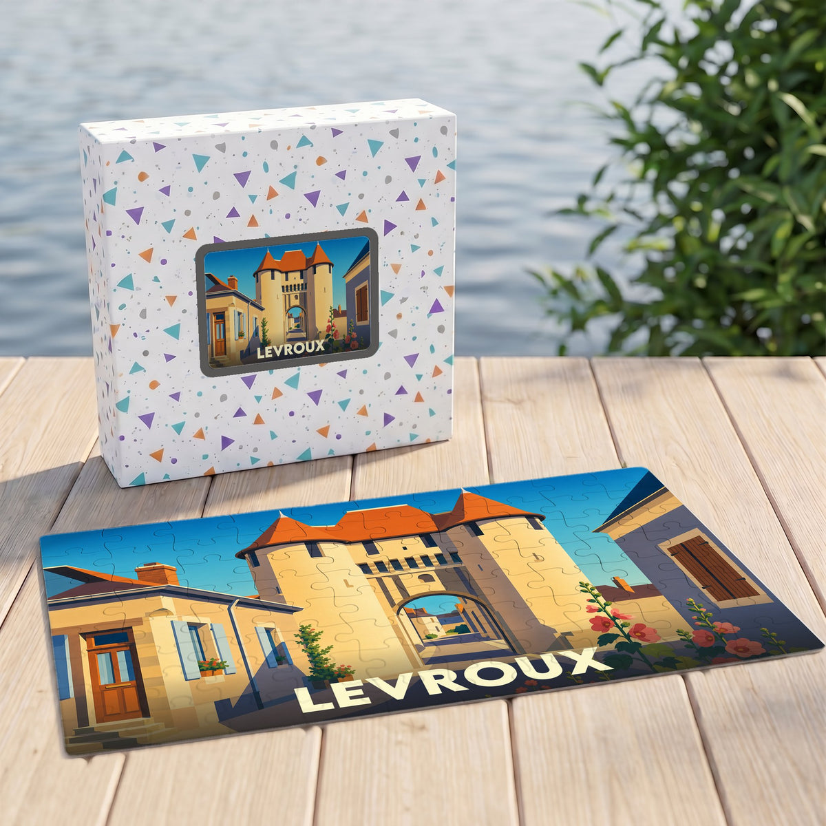 Puzzle souvenir de la ville de Levroux avec une illustration stylisée d'une porte médiévale et sa boîte assortie.