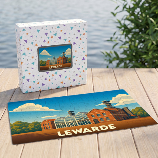 Puzzle souvenir de la ville de Lewarde avec une illustration stylisée du centre historique minier.
