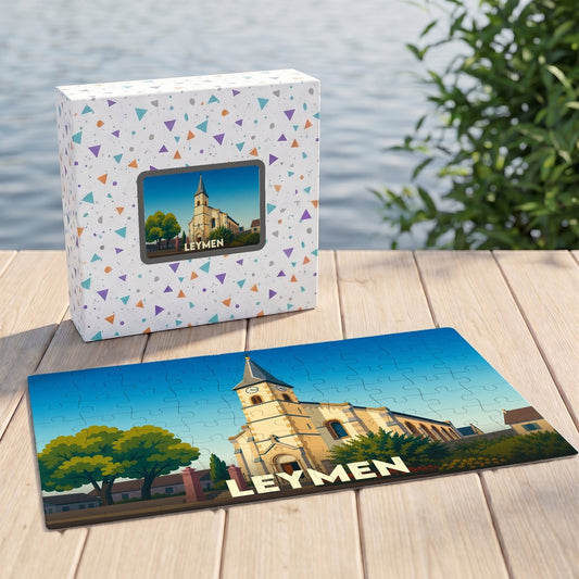 Puzzle souvenir de la ville de Leymen avec une illustration stylisée de son église.