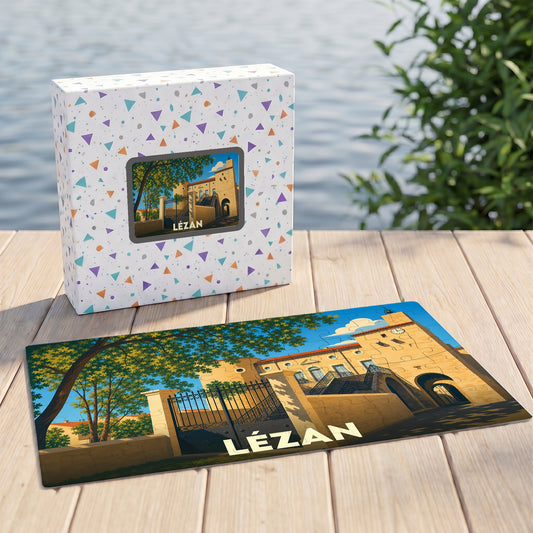 Puzzle souvenir de la ville de Lézan avec une illustration stylisée de son patrimoine architectural.