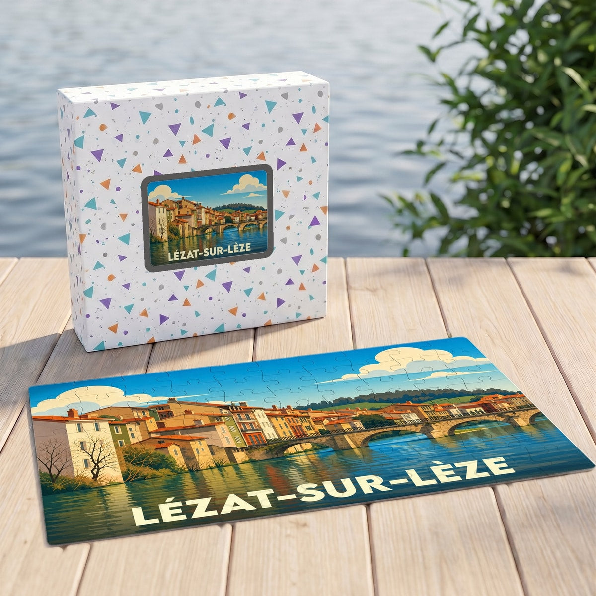Puzzle souvenir de la ville de Lézat-sur-Lèze illustrant un paysage fluvial coloré.