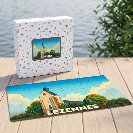 Puzzle souvenir de la ville de Lezennes avec une illustration stylisée de son église.