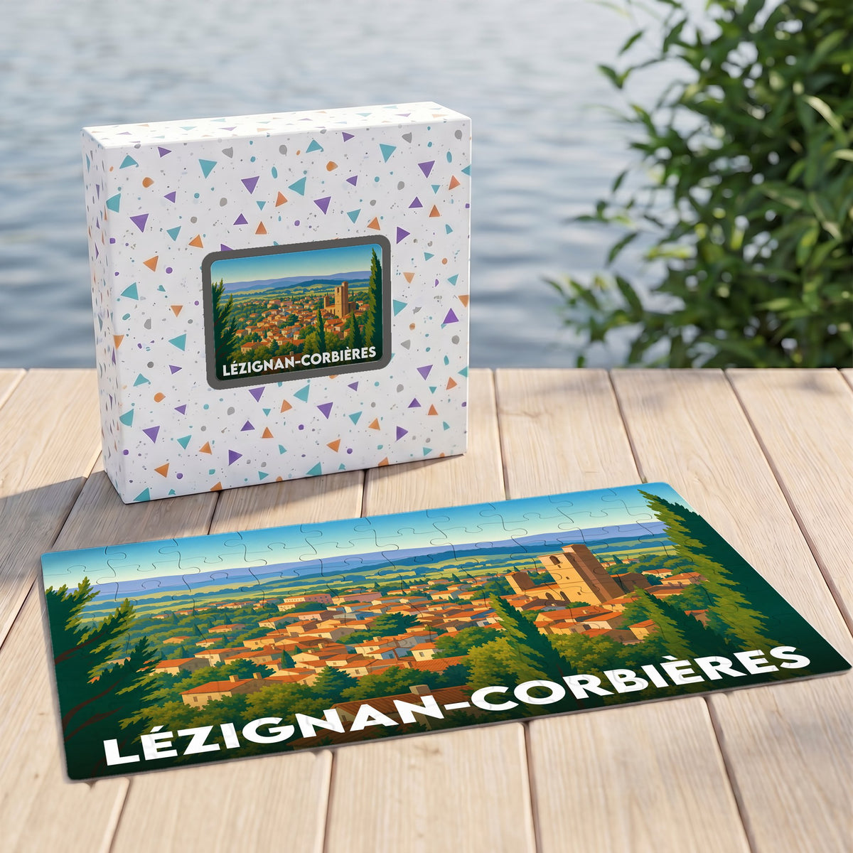 Puzzle souvenir de la ville de Lézignan-Corbières avec une illustration panoramique stylisée.
