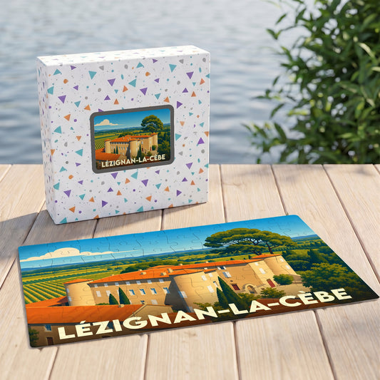 Puzzle souvenir de la ville de Lézignan-la-Cèbe avec une illustration stylisée d'un paysage provençal.