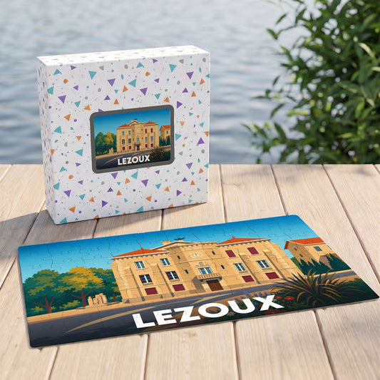 Puzzle souvenir de la ville de Lezoux présentant une illustration stylisée de son architecture locale.