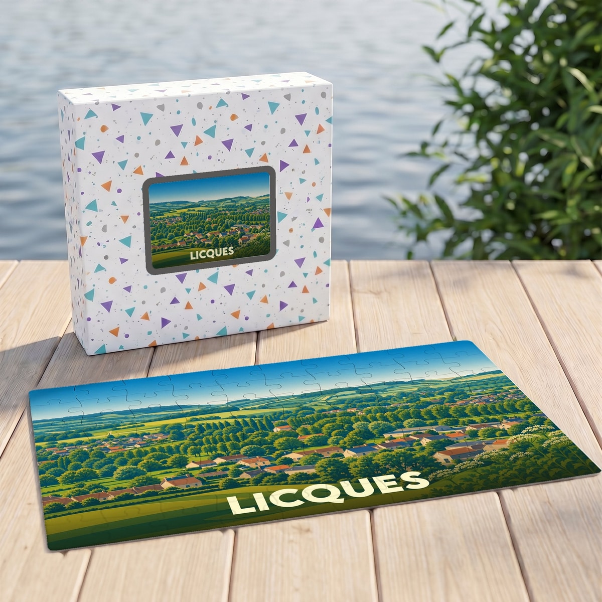 Puzzle souvenir de la ville de Licques avec une illustration panoramique de sa campagne verdoyante.
