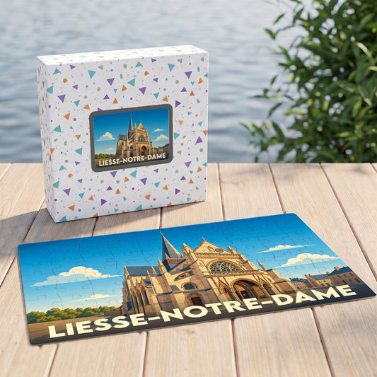 Puzzle souvenir de la ville de Liesse-Notre-Dame avec une illustration stylisée.