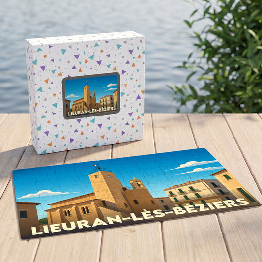 Puzzle souvenir de la ville de Lieuran-lès-Béziers avec une illustration stylisée.
