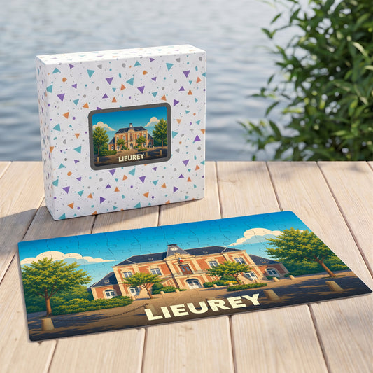 Puzzle souvenir de la ville de Lieurey avec une illustration stylisée de son hôtel de ville.