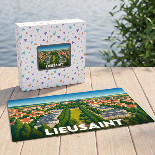 Puzzle souvenir de la ville de Lieusaint avec une illustration stylisée et colorée.