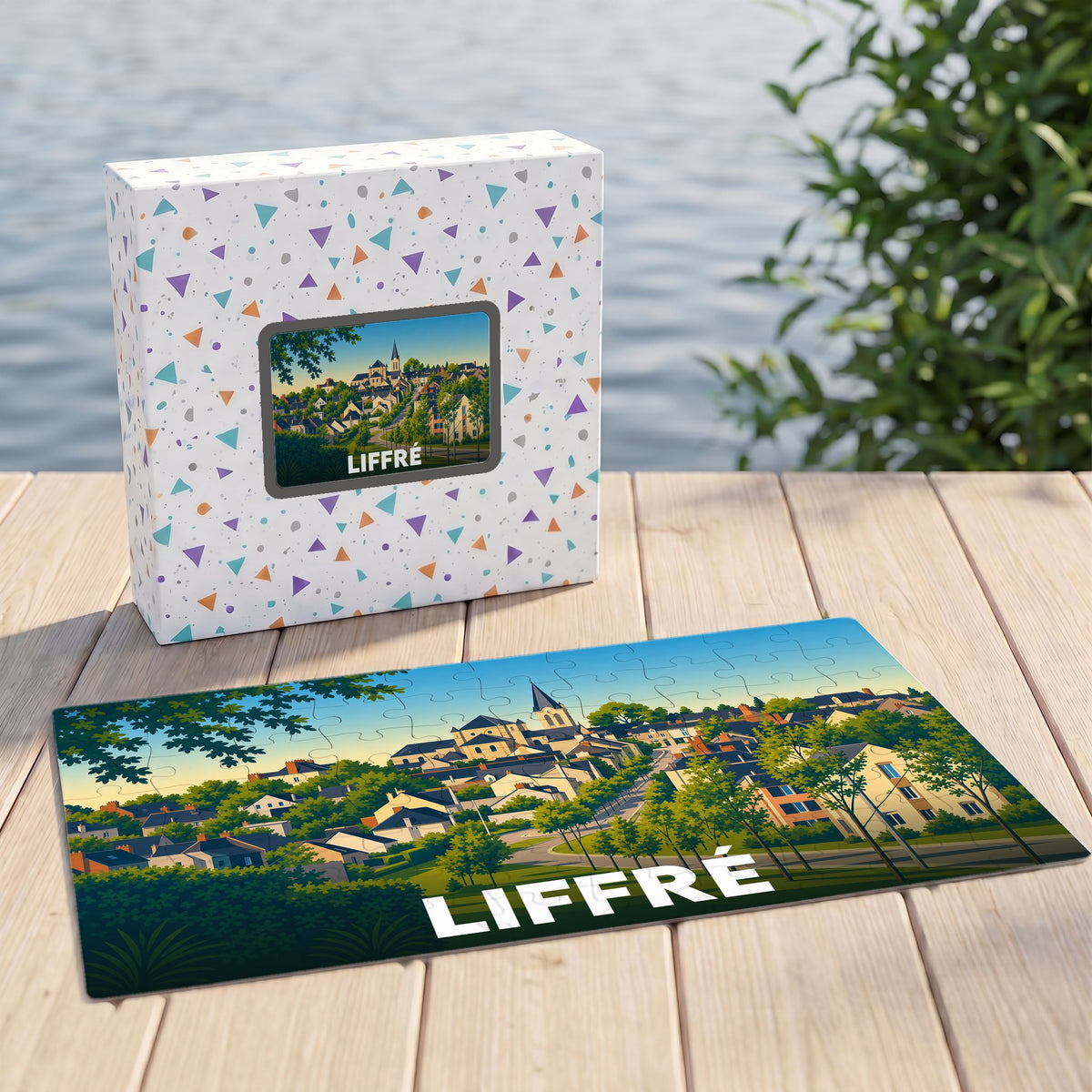 Puzzle souvenir de la ville de Liffré avec une illustration stylisée et colorée.