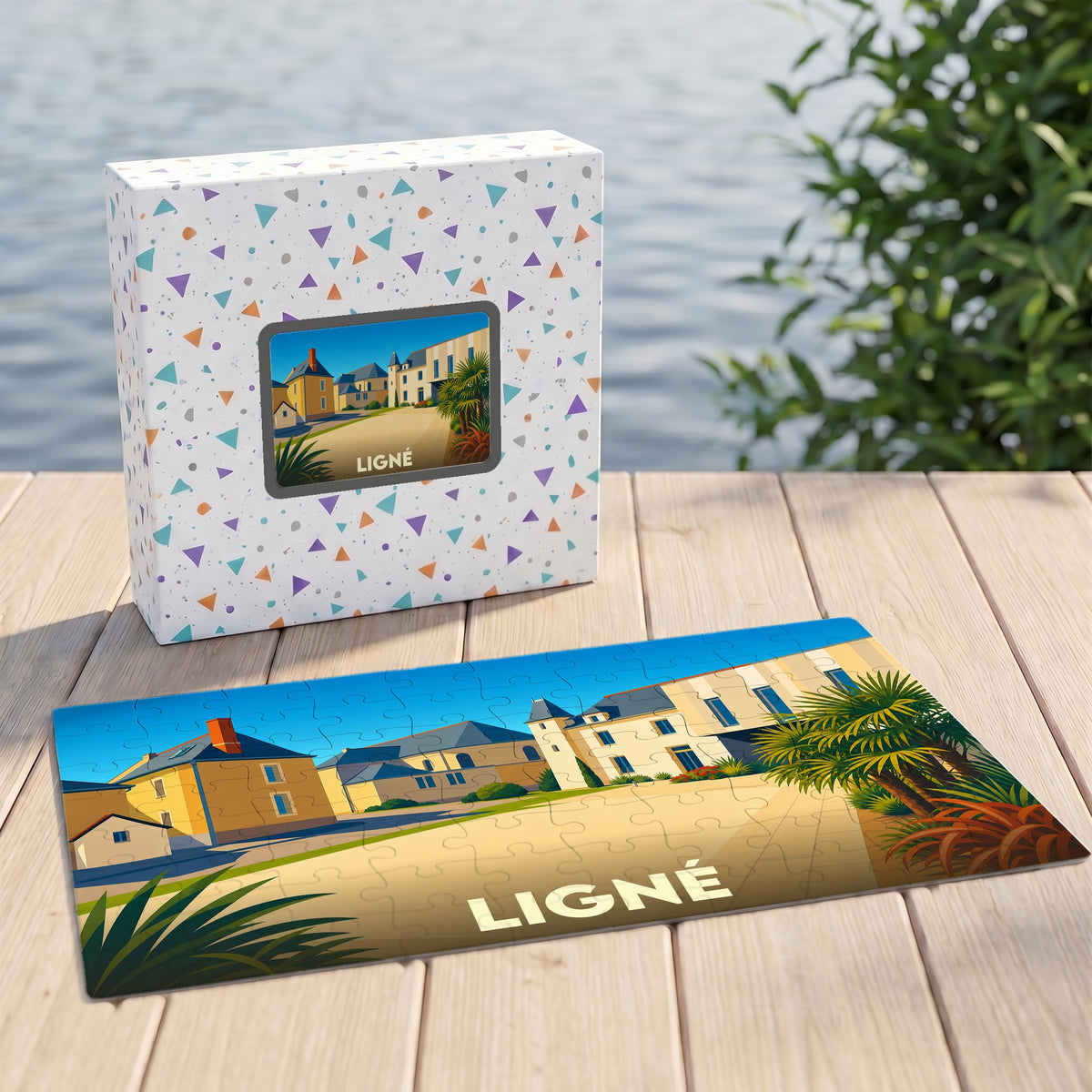 Puzzle souvenir de la ville de Ligné avec une illustration stylisée de son architecture.