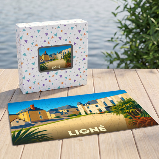 Puzzle souvenir de la ville de Ligné avec une illustration stylisée de son architecture.