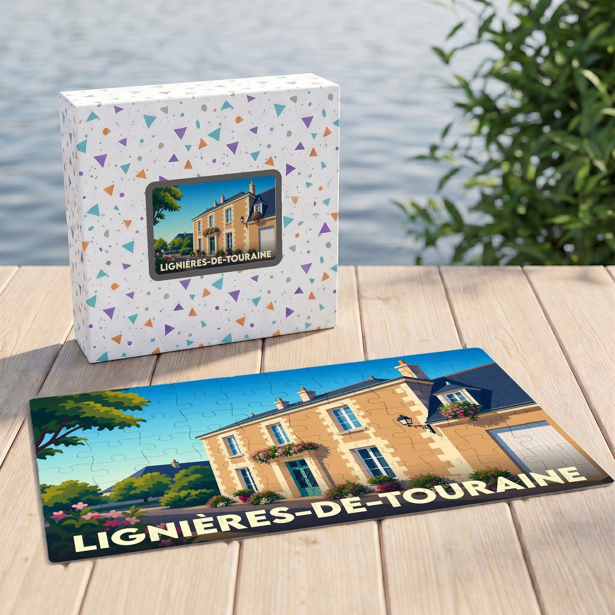 Puzzle souvenir de la ville de Lignières-de-Touraine avec une illustration stylisée d'une maison tourangelle.