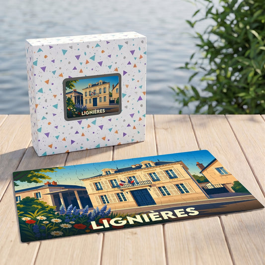 Puzzle souvenir de la ville de Lignières avec une illustration stylisée d'un bâtiment historique.